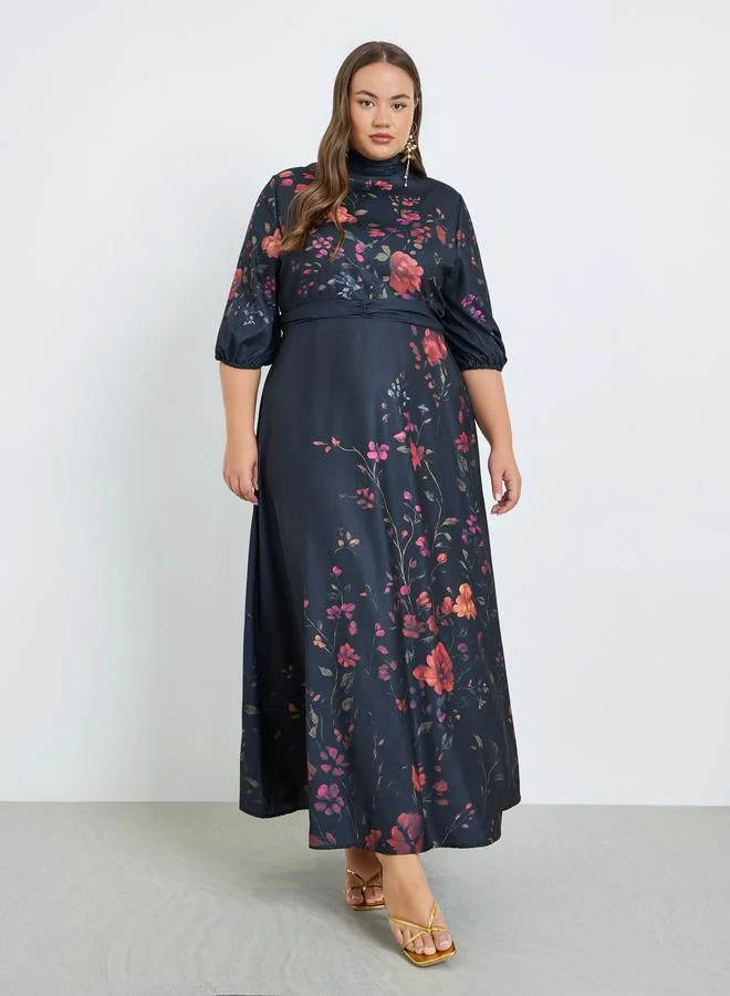 Styli Plus Size Floral Print Belted A-Line Maxi Dress